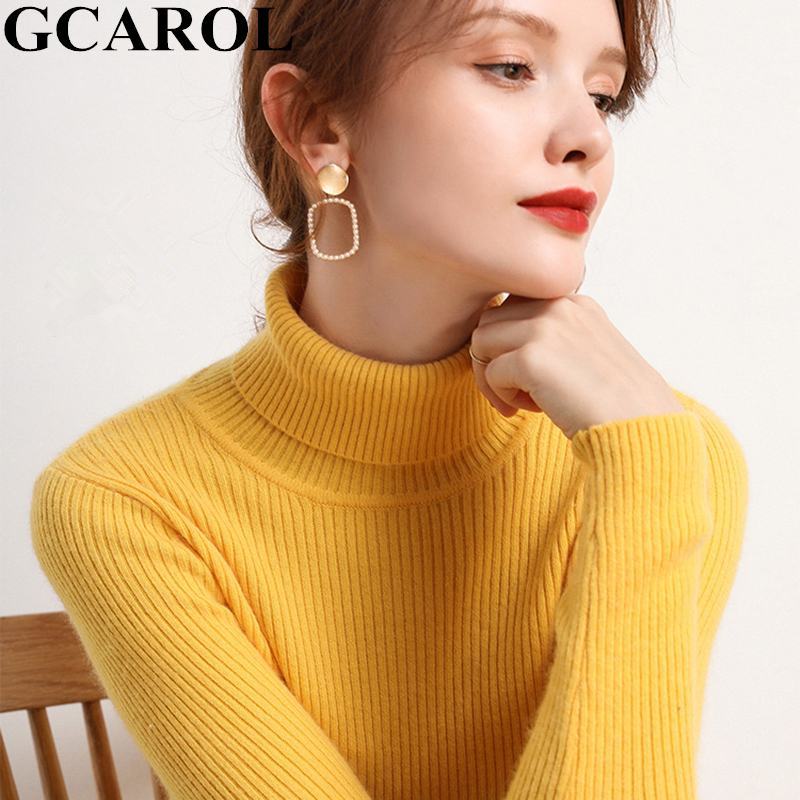 GCAROL Fall Winter Women Turtleneck Cashmere Slim Sweater 30% Wool Warm Stretch Candy Jumper Render Base Knitted Pullover 2XL 201221