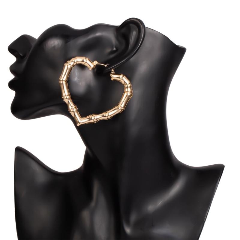 IngeSight.Z Punk Geometric Love Heart Bamboo Hoop Earrings Statement Gold Color Metal Earrings for Women Jewelry Oorbellen Party
