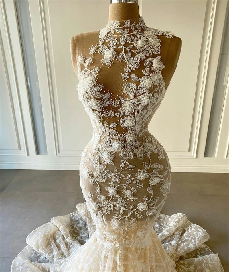 Floral Mermaid Wedding Dresses High Neck Appliqued Lace Beads Sleeveless Bridal Gowns Hand Made Flower Custom Made Vestidos De Novia