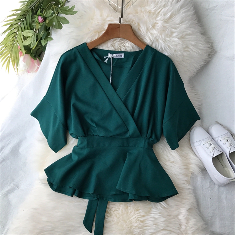 2019 Korean Women Bow Lace Up Slim Tops And Blouses Ladies V-Neck Chiffon Shirt Half Sleeve Ruffles Oversized Blusas Mujer T200321