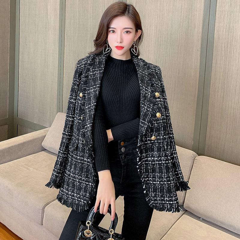 Autumn Winter Women Tassel Tweed Coat Metal Gold Double Breasted Long Sleeve Jacket Casaco Feminino B4