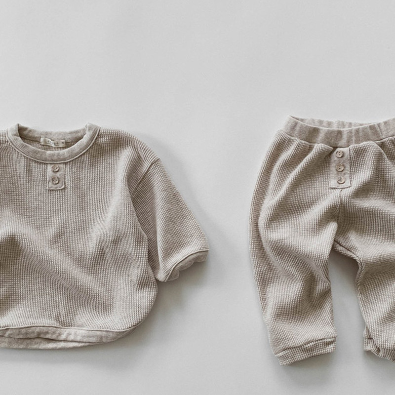 Autumn New Toddler Baby Boys Girls Waffle Clothes Casual Long Sleeve T-shirt Tops+long Pants Kids Outfits Home 2pcs Set 201031