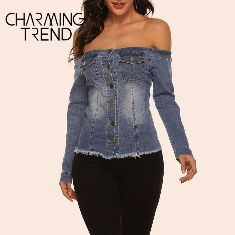 Women Blouse Chic Denim Women Shirt Spring Summer Long Sleeve Sexy Off Shoulder Button Double Pocket Jean Distress Women Tops 201125