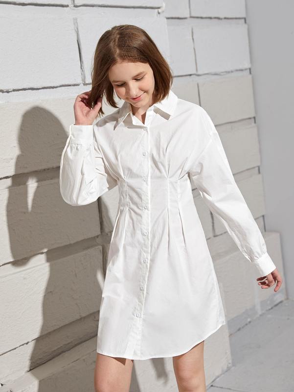 Teen Girls Solid Collared Button Up Shirt Dress SHE