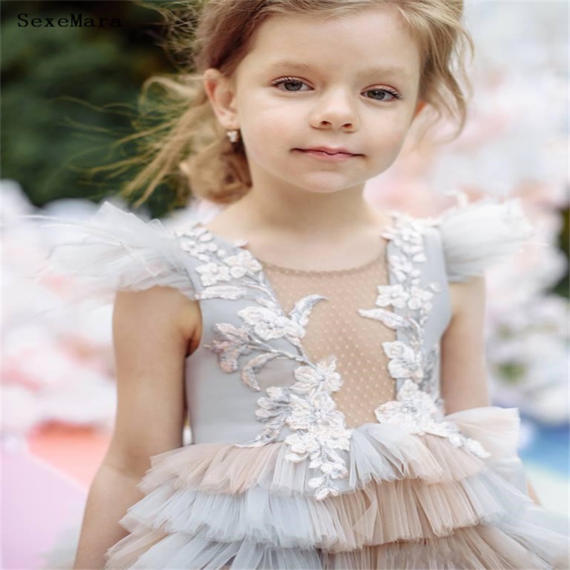 Hi Lo Princess Flower Girls Dresses Jewel Tiered Tulle First Communion Dress Sleeveless Feather Lace Applique Custom Made Kids Pageant Dress
