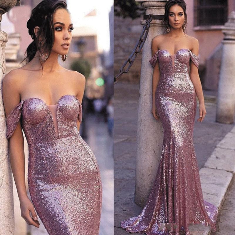 2021 New Cheap Sexy Sequins Sparkly Mermaid Evening Dresses Sequined Rose Pink Off Shoulder Keyhole Elegant Cheap Formal Party Prom Gowns