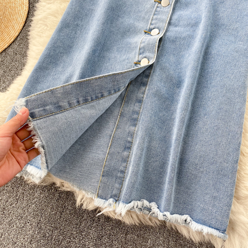 Foamlina Long Denim Skirt for Women Korean Fashion Vintage Tassels High Waist Single Breasted A-line Jeans with Pockets 220312