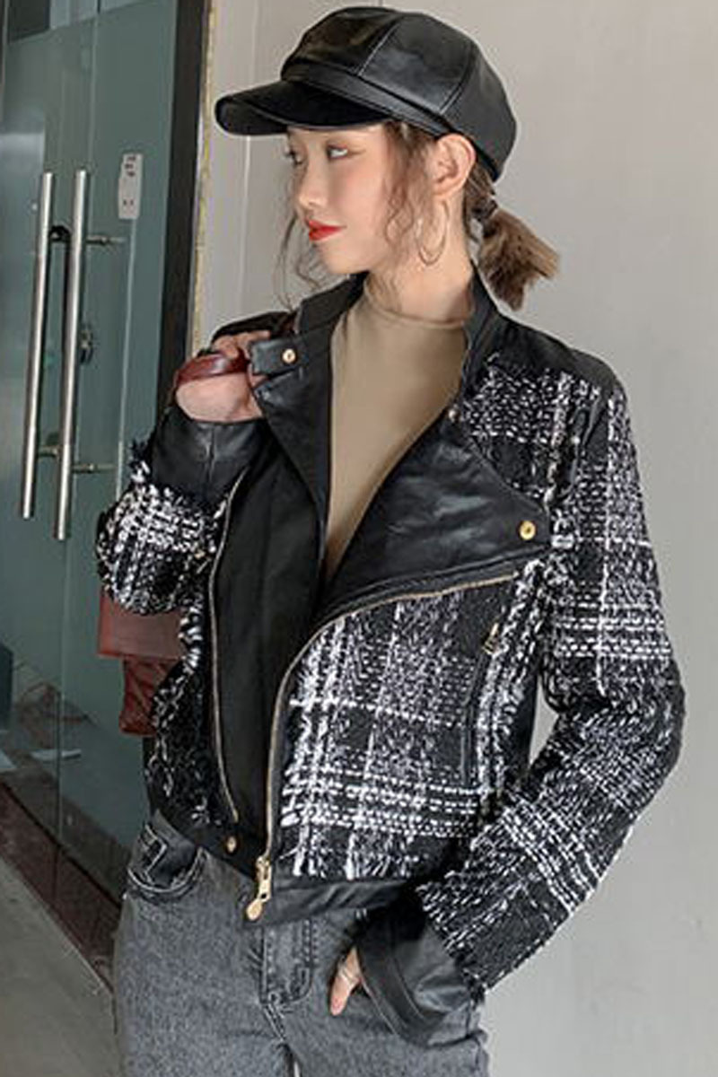 Small winter sweet wind fashion stitching lattice tweed PU leather brief paragraph coat dress 201030