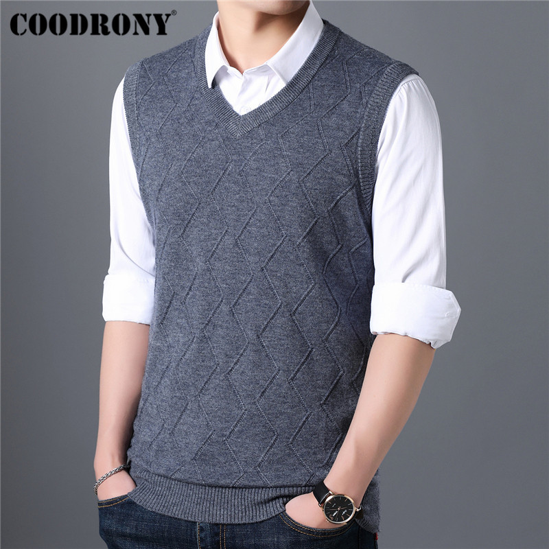 COODRONY Mens Sweaters Autumn Winter Sweater Men V-Neck Sleeveless Vest Pull Homme Knitted Cashmere Wool pullover men 91017 201224