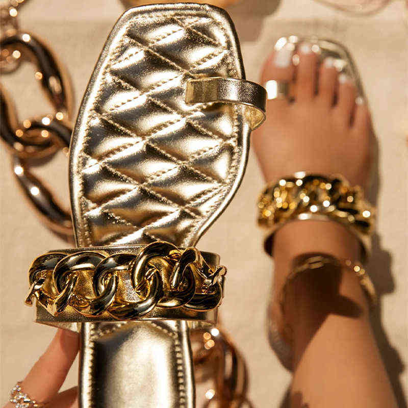 Zapatos planos dverano y otoo para mujer, sandalias de cadena de diseador, sandalias vestir, chanclas Punta abierta, zapatillas, Apricot
