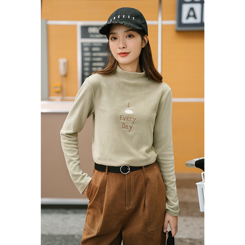 INMAN Half High Neck T-shirt Women's New Winter Arrivals With Suede Embroidered Base Coat Solid Color Long Sleeve Top 201028