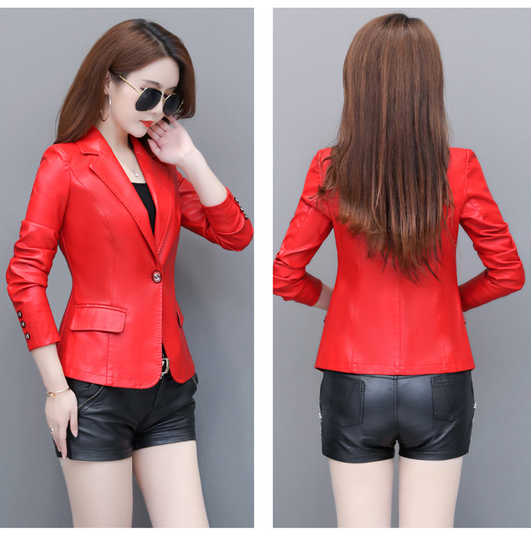 Autumn New womens turn down collar slim waist long sleeve PU leather blazer short coat plus size SMLXLXXL3XL4XL5XL large size casacos