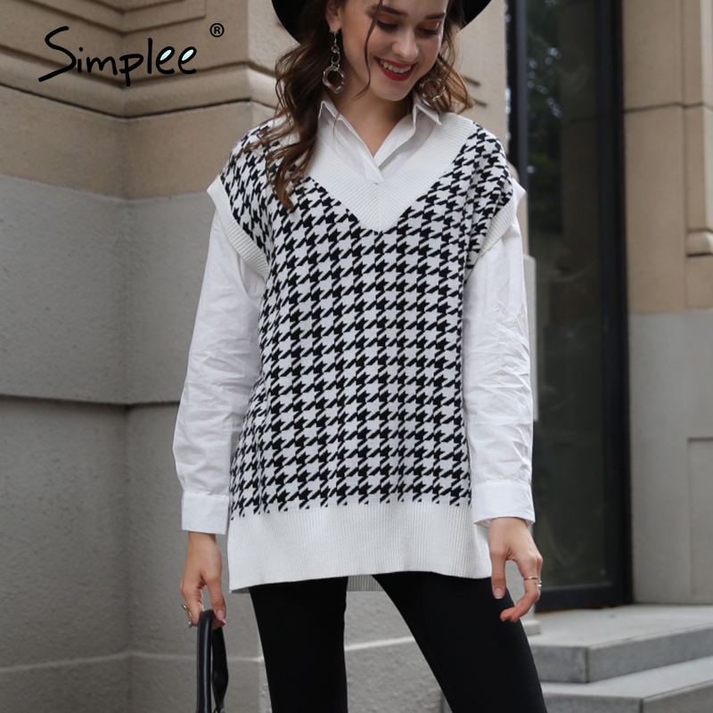 Simplee Houndstooth knitted sweater vest women V neck sleeveless oversized pullover vintage Fall winter female waistcoat sweater 201224