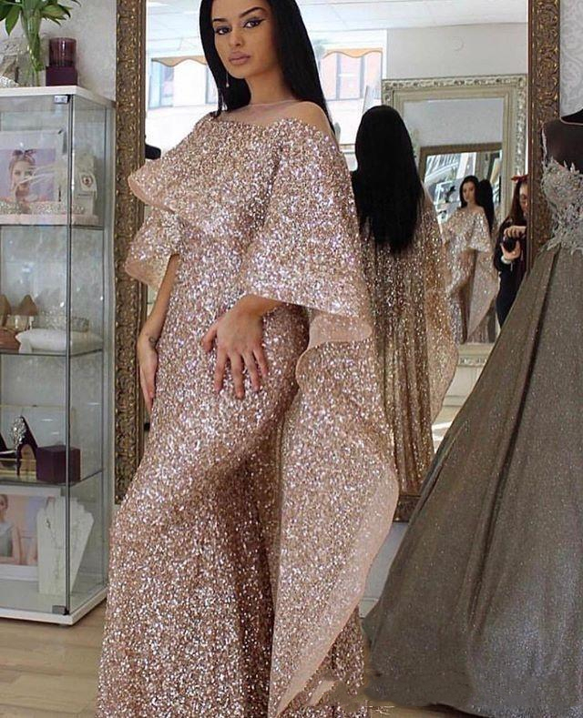 Sparkly Arabic Rose Gold Sequins Mermaid Evening Dresses With Long Cape Wrap 2022 Glitter Sequined Women Formal Party Gowns Prom Pageant Dress