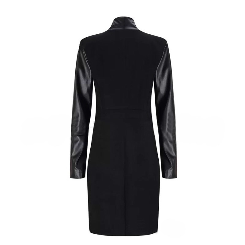 XUXI Leather Patchwork Slim Long Women Winter Jackets Coats Sleeved Knitted Wool Coat Chaqueta Mujer Female Overcoat FZ283 201222