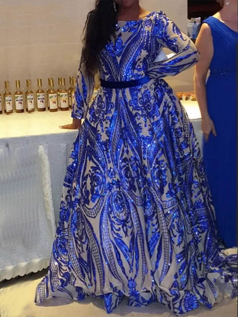 Sparkly Blue Sequined Lace Long Prom Dresses Full Sleeves 2023 Sexy Open Back Dubai Arabic Women Evening Dress Plus Size Formal Party Gowns