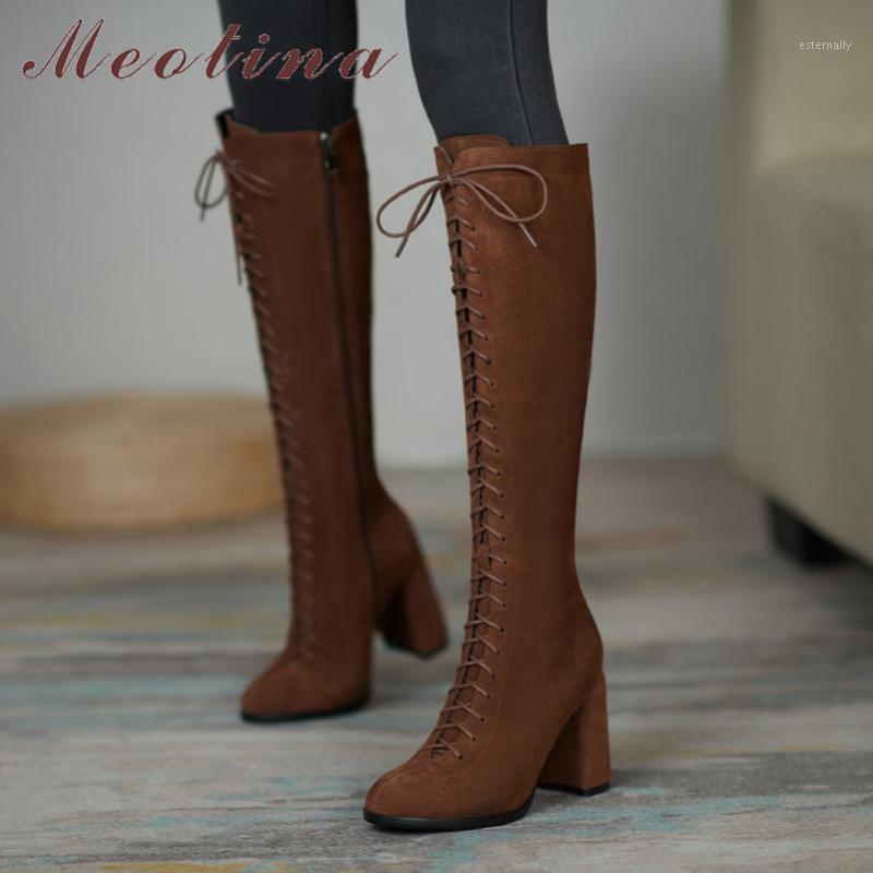 Meotina High Heel Woman Boots Genuine Leather Knee High Boots Zipper Block Heel Shoes Lace UP Female Long Autumn Winter 401, Brown velvet lining