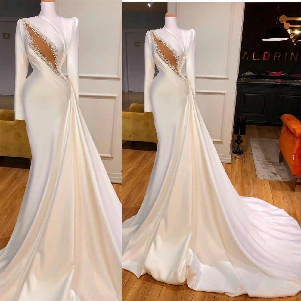 New Elegent Sexy Mermaid Wedding Dresses High Neck Keyhole Long Sleeves Crystal Pearls Court Train Satin Custom Formal Bridal Gowns