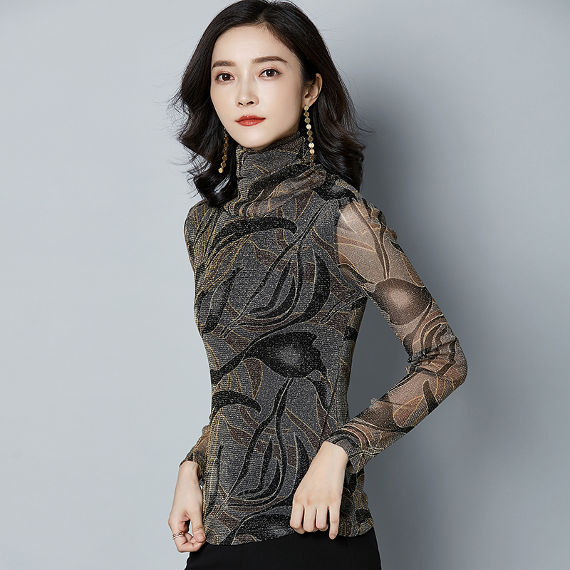 Blusas Mujer 19 New Autumn Women Clothes Tops Bright Silk Casual Long Sleeve Turtleneck Printed Blouse Women Shirts 7696 50 201028