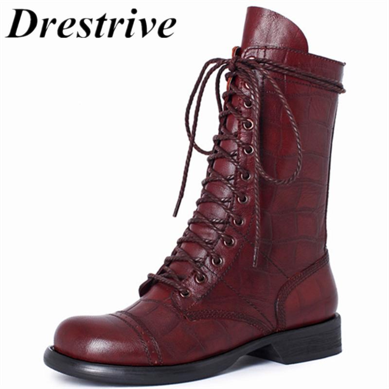 Drestrive Full Genuine Leather Women Mid Calf Boots Low Heels Lace Up Sheepskin Spring Girls Fashion Platform Pigskin, Black 
Drestrive Full Genuine Leather Women Mid Calf Boots Low Heels Lace Up Sheepskin Spring Girls Fashion Platform Pigskin, Black