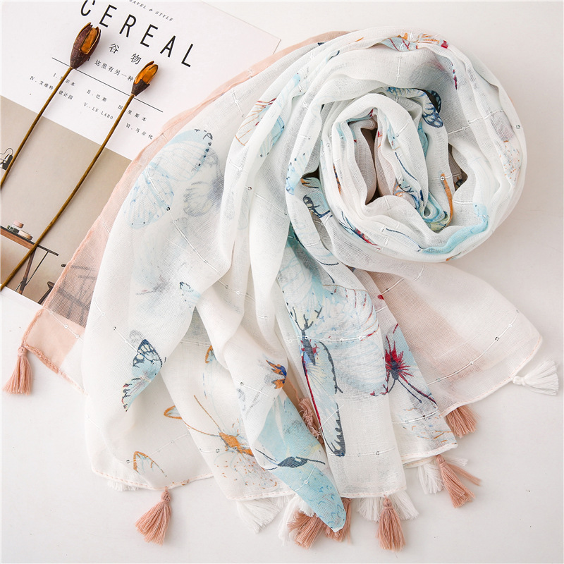 spring summer and autumn new butterfly sequins printed cotton and linen air conditioning sunscreen shawl scarf dualuse