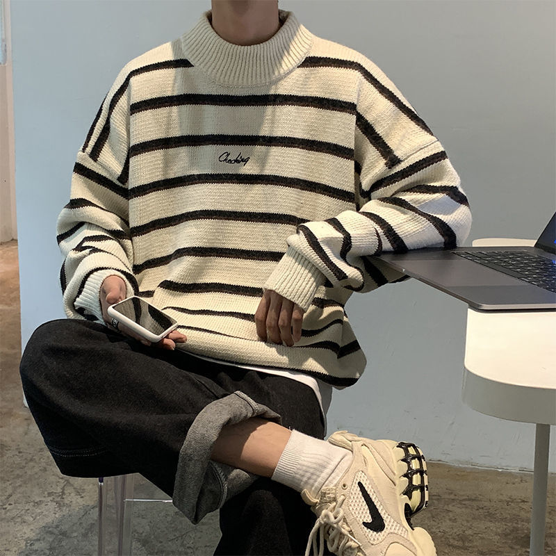 Privathinker Men's Half-turtleneck Embroidered Striped Sweater Winter Warm Woman Korean Streetwear Fashion Pullovers 201224