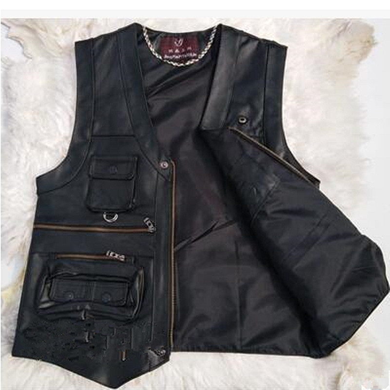 gentlement leather vest male slim commercial male leather vest sheepskin leather men vest waistcoat with many pockets 201120