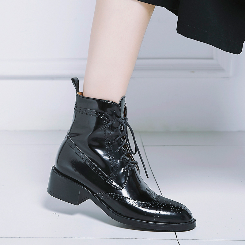 Hot Sale-Ankle Motorcycle Boots for women Carved Brogue Boots Lace up Patent leather