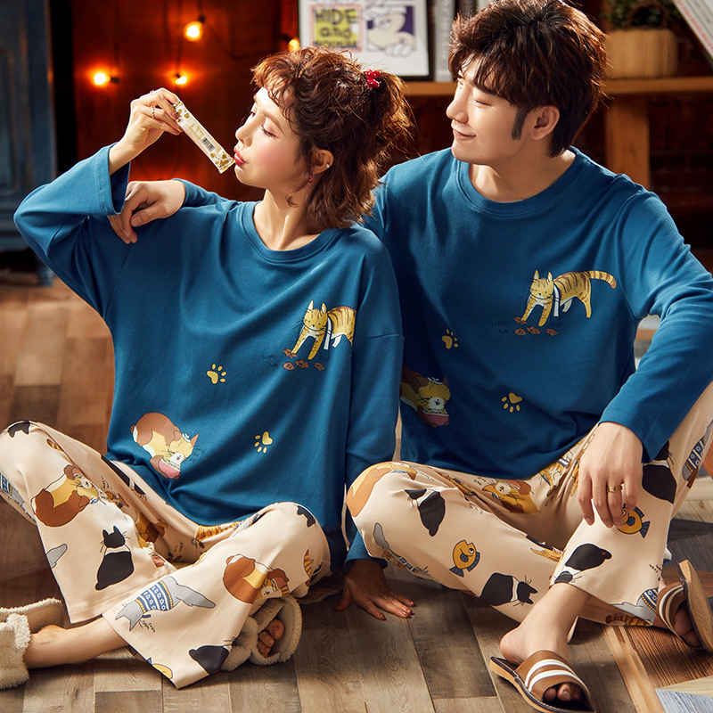 NIGHTWA Lovers Pyjamas Full Sleeve Cotton Pajama Sets Cartoon Couple Pajamas For Women Cute Sleepwear Sets Winter Pijama Mujer 201027