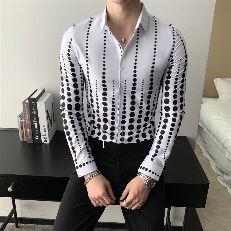 Korean Fashion Men Dotted Shirts Autumn New Long Sleeve Men Shirt Formal Wear Slim Fit Casual Work Shirts for Men Clothing 3XLM 201124