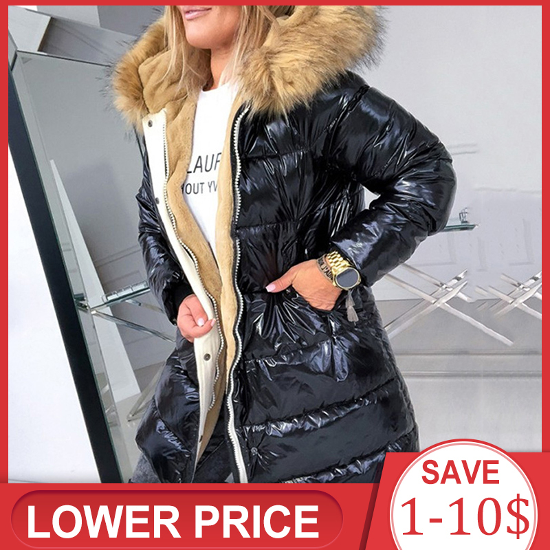Cotton Padded Jacket Black Women Solid Hood Fur Warm Winter Coat Plus Size M-4XL Office Ladies Retro Causal Loose Parkas Outwear 200928