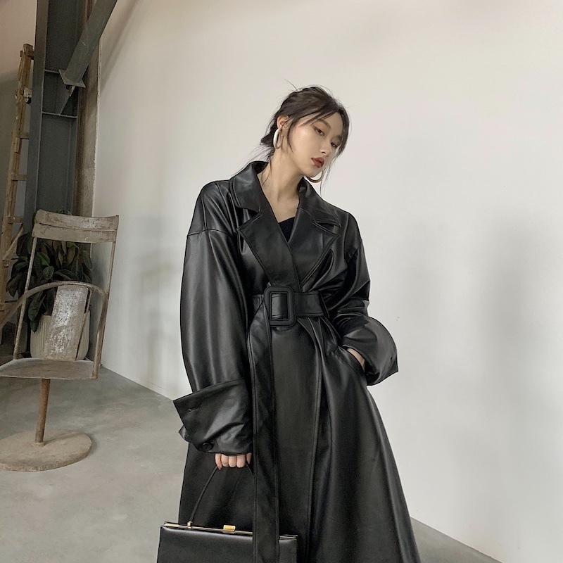 Lautaro Long oversized leather trench coat for women long sleeve lapel loose fit Fall black women plus size clothing streetwear 201030