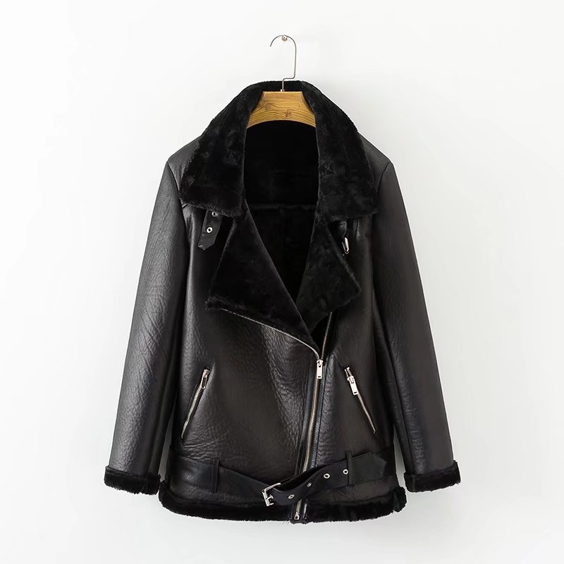 Fitaylor Winter Faux Lamb Leather Jacket Women Faux Leather Lambs Wool Fur Collar Suede Jacket Coats Female Warm Thick Outerwear 201028