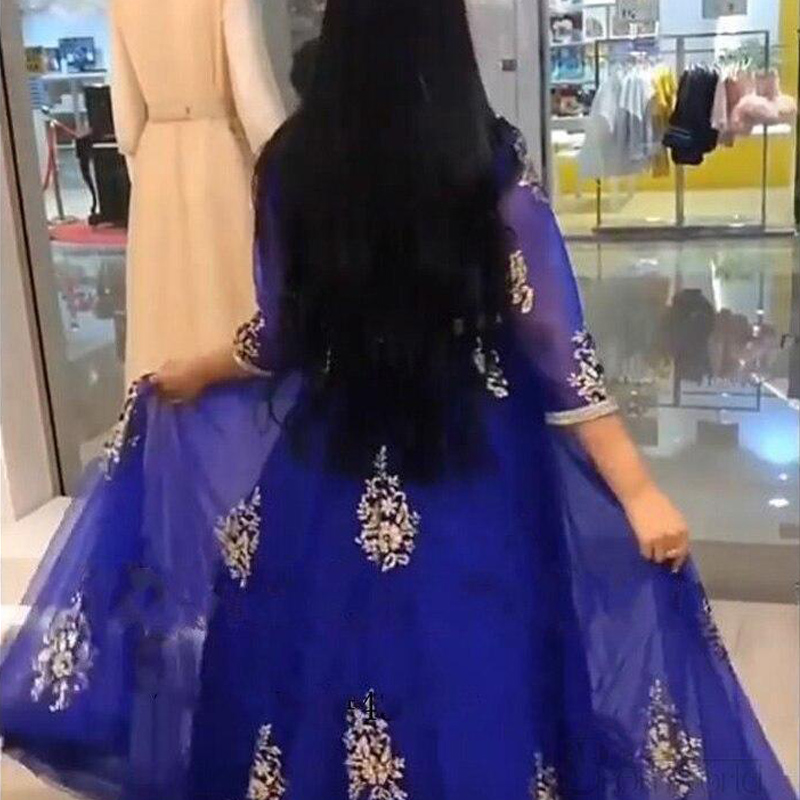 Royal Blue Moroccan Kaftan Prom Dresses 2021 Half Sleeves Appliques Gold Lace Dubai Arabic Muslim Special Occasion Gown Formal Evening Dress