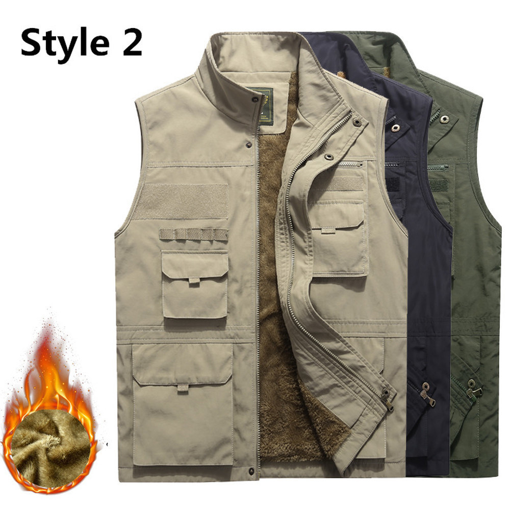 Men's Winter Vest Thicken Fleece Multi Pocket Waistcoat Casual Warm Mandarin Collar Photographer Sleeveless Jacket Plus Size 5XL 201120