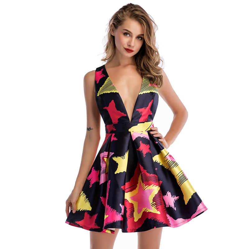 Aoteman Summer Dress Women Sexy Mature Style A-line Deep V Mini Vest Dress Vintage Female Elegant Short Beach Party Dresses Y200930