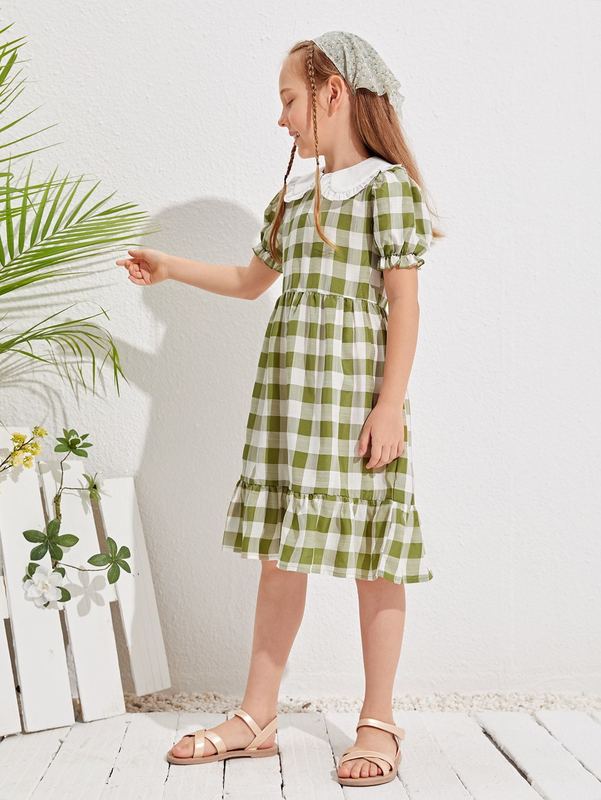 Girls Peter Pan Collar Puff Sleeve Gingham Dress SHE