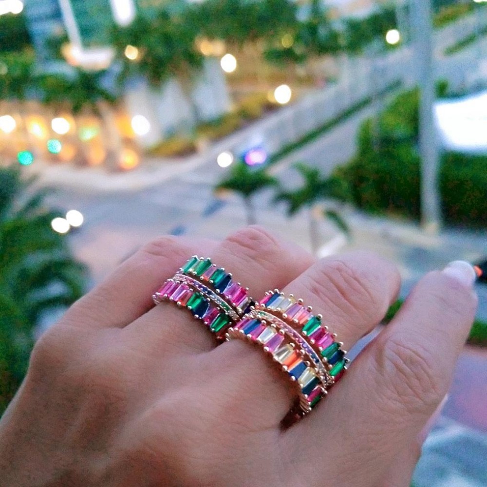 2024 Gold Color Rainbow Baguette CZ Engagement Band Top Quality Cubic Zirconia Colorful Finger Eternity Band Ring