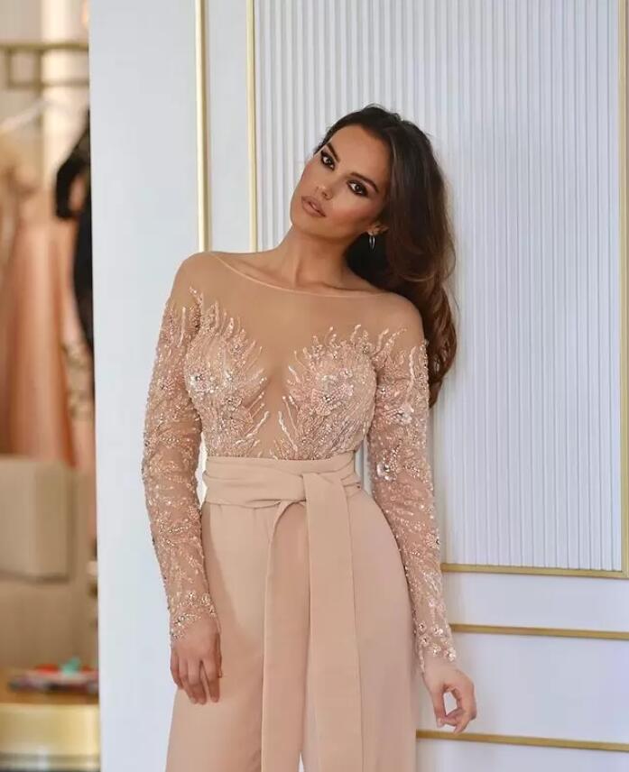Champagne Jumpsuits Prom Dresses Sheer Neck Chiffon long sleeve Evening Formal Party Second Reception Birthday Engagement Gowns Dress
