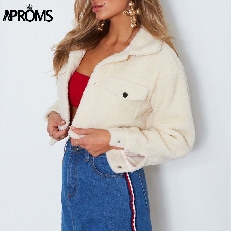 Aproms Elegant Solid Color Cropped Teddy Jacket Women Front Pockets Thick Warm Coat Autumn Winter Soft Short Jackets Female 201126