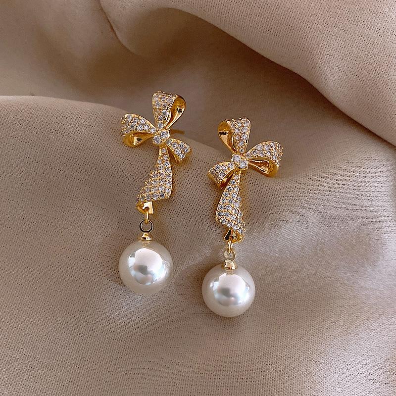 Dangle & Chandelier Classic Luxury Shiny Crystal Imitation Pearl Bow Pendant Earrings Women Bride Wedding Statement Jewelry Gifts For Girls