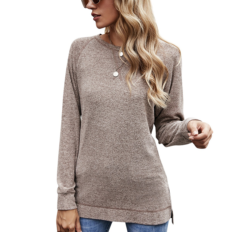Women Cotton Blouses Crew Neck Fall Long Sleeve Side Split Loose Casual Pullover Tunic Tops T Shirt