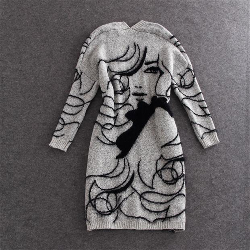 2019 European Big Spring Autumn Abstract Pattern Loose Bat Sleeve Women Long Cardigan Sweater Thick Sweater Coat Female T200319