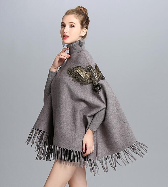 Christmas Women New Embroidery Gold Beading Eagle Cloak Poncho Turtleneck Bat Sleeve Pullover Sweater Tassel Knit Shawl Cape T200128