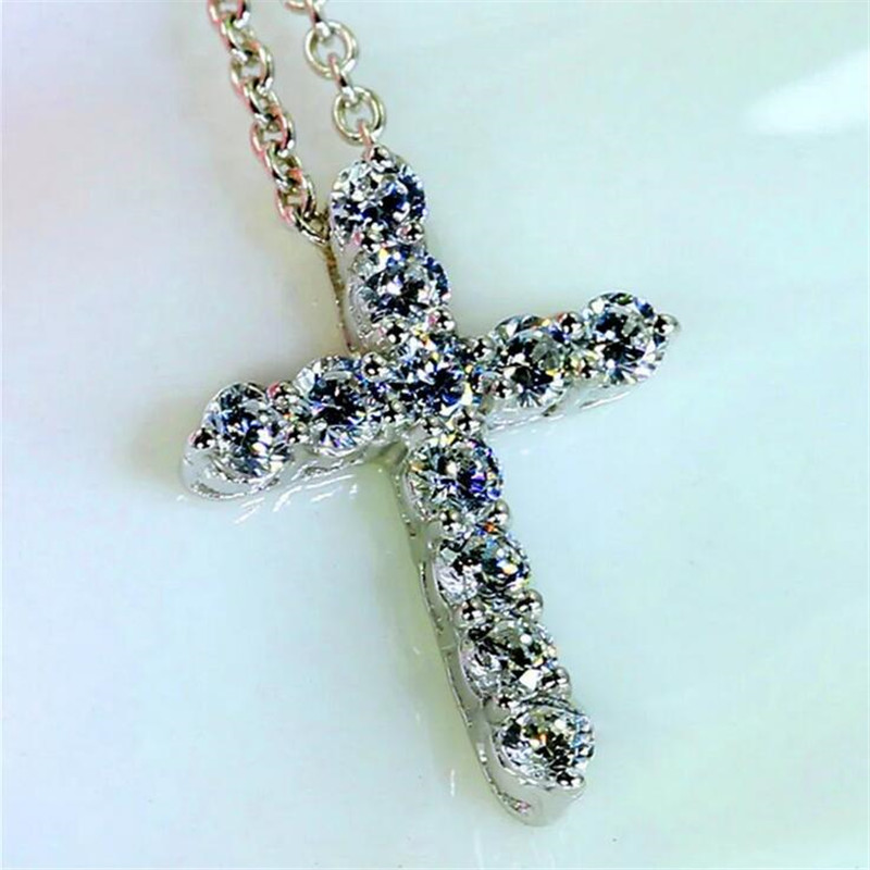 Brand New Jewelry Sterling Sier Full Round Cut White Topaz CZ Dia Cross Pendant Party Popular Women Clavicle Necklace Gift