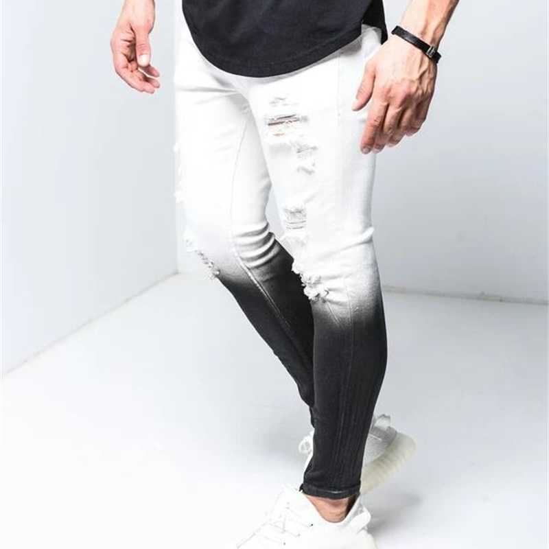 New Summer Mens Skinny Jeans Men Ripped Skinny Jeans Hole Destroyed Frayed Slim Fit Denim Pant With Zipper Pencil Pants Trousers 201118