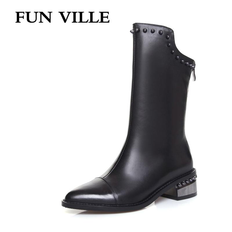 FUN VILLE 2020 New fashion Elegant style Women Mid-calf Boots Genuine leather Square lady botas Shoes Pointed Toe size 34-43, Black within plush 
FUN VILLE 2020 New fashion Elegant style Women Mid-calf Boots Genuine leather Square lady botas Shoes Pointed Toe size 34-43, Black within plush