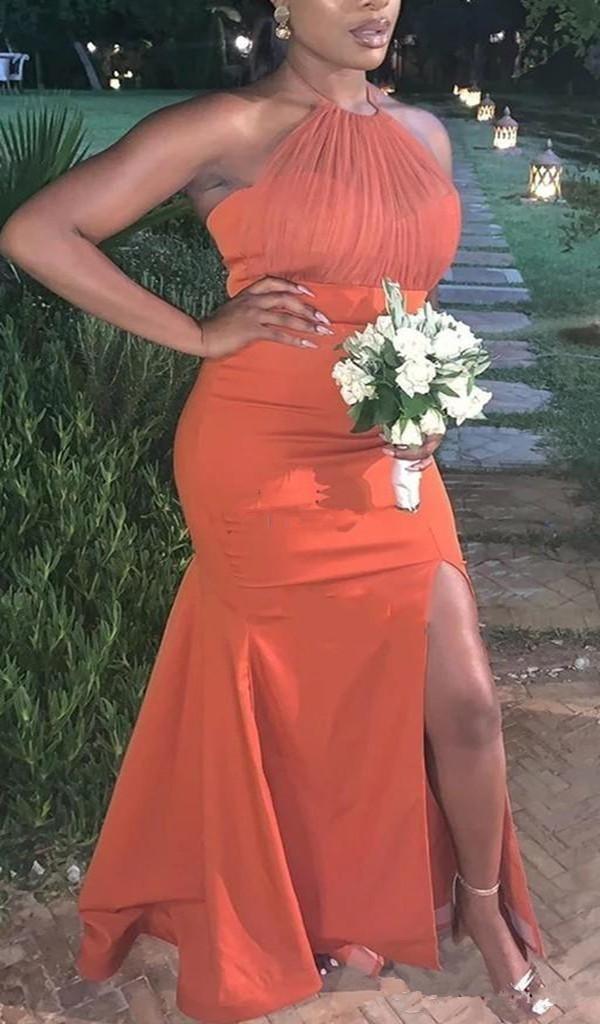 Orange Halter Bridesmaid Dresses Side Slit Floor Length Mermaid Prom Evening Gowns Pleats Maid Of Honor Dress