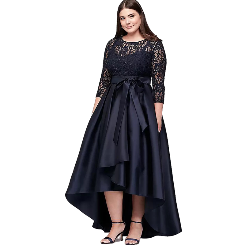 2024 Black Plus Size High Low Formal Evening Dresses With Half Sleeves Sheer Jewel Neck Lace Top A-Line Short Front Prom Wear Women Special Occasion G