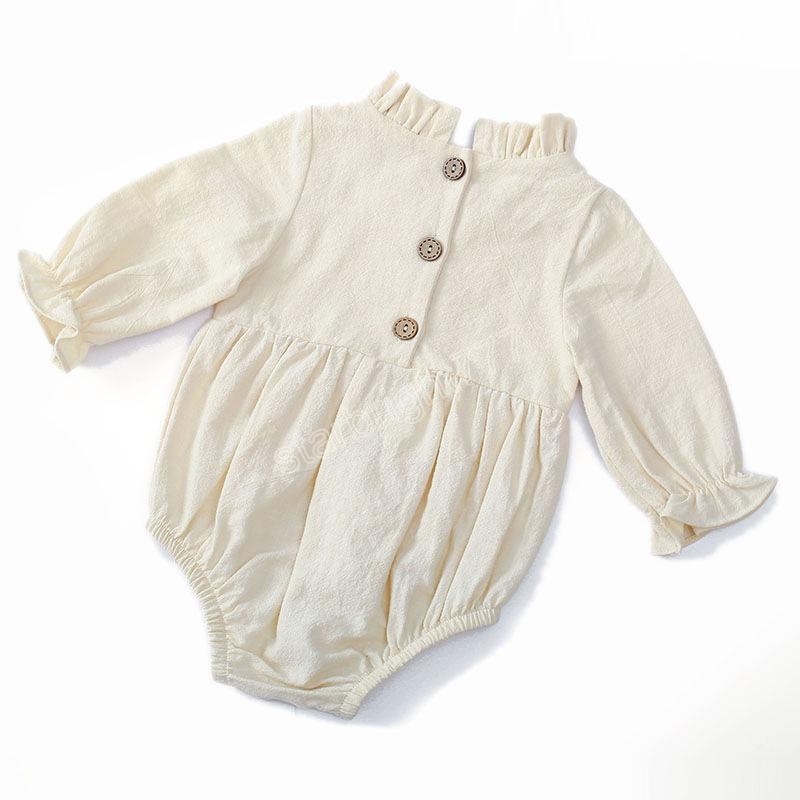 Newborn Long-Sleeved Cotton And Linen Baby Romper Solid Color Flying Sleeve Ruffled Neckline Infant Jumpsuit Clothing